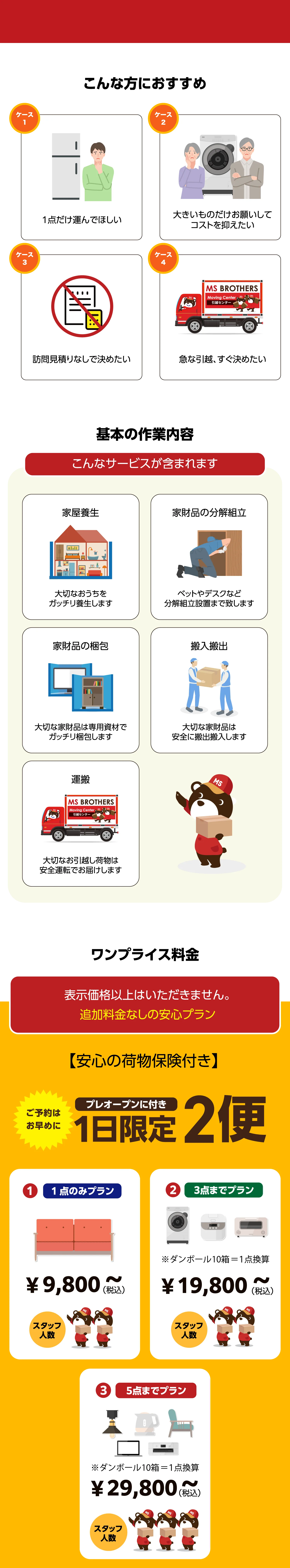 こんな方におすすめ・基本の作業内容・ワンプライス料金プラン（1点のみ9,800円〜／3点まで19,800円〜／5点まで29,800円〜）
